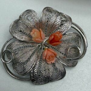 Vintage Silver Filigree Floral Brooch with Coral Rose Accents